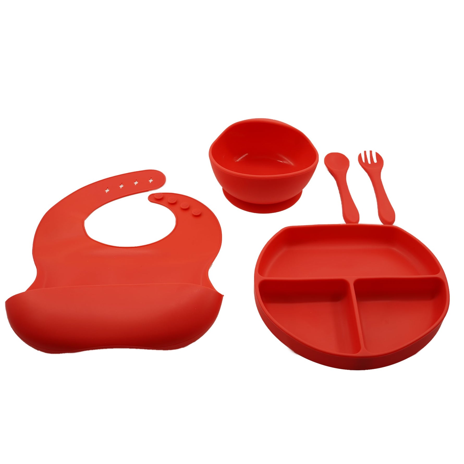 Set 5 piese diversificare bebelusi si copii din silicon Flippy, baveta, farfurie compartimentata cu ventuza, bol cu