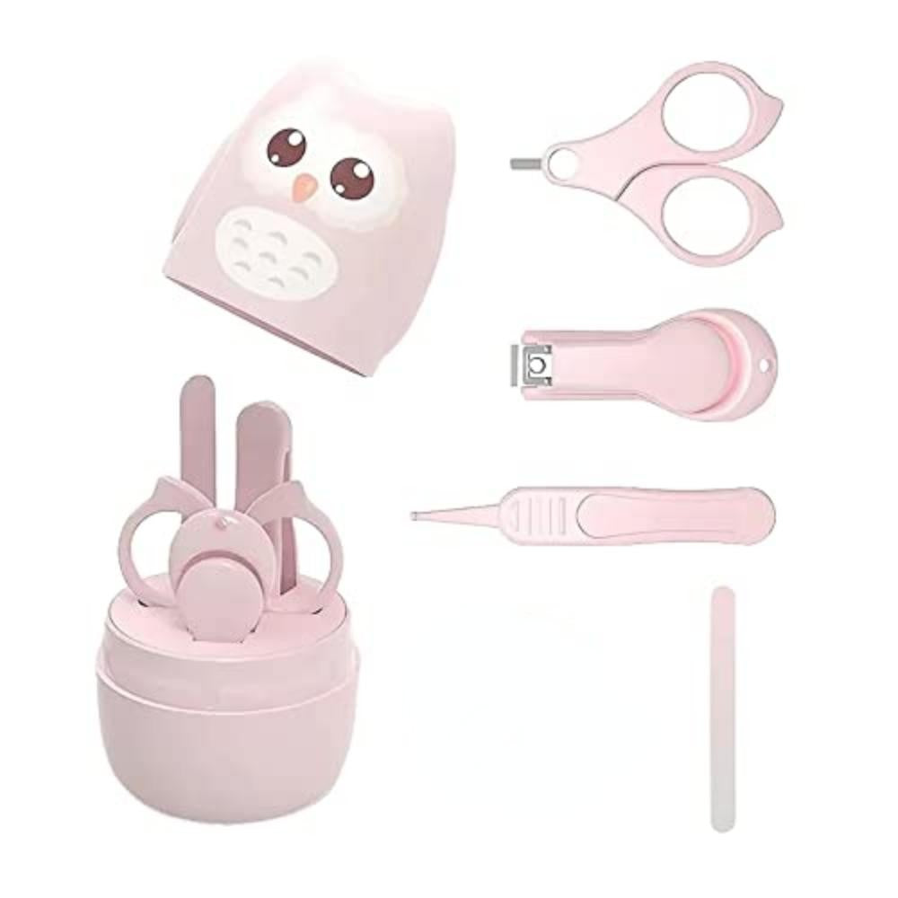 Set 4 Piese Ingrijire Unghii Bebelusi, Flippy, din ABS+Otel Inoxidabil, Cutie de Depozitare Tip Bufnita, de la 0 Luni,