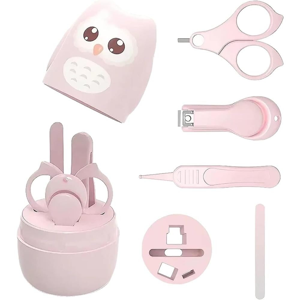 Set 4 Piese Ingrijire Unghii Bebelusi, Flippy, din ABS+Otel Inoxidabil, Cutie de Depozitare Tip Bufnita, de la 0 Luni,