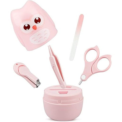 Set 4 Piese Ingrijire Unghii Bebelusi, Flippy, din ABS+Otel Inoxidabil, Cutie de Depozitare Tip Bufnita, de la 0 Luni,