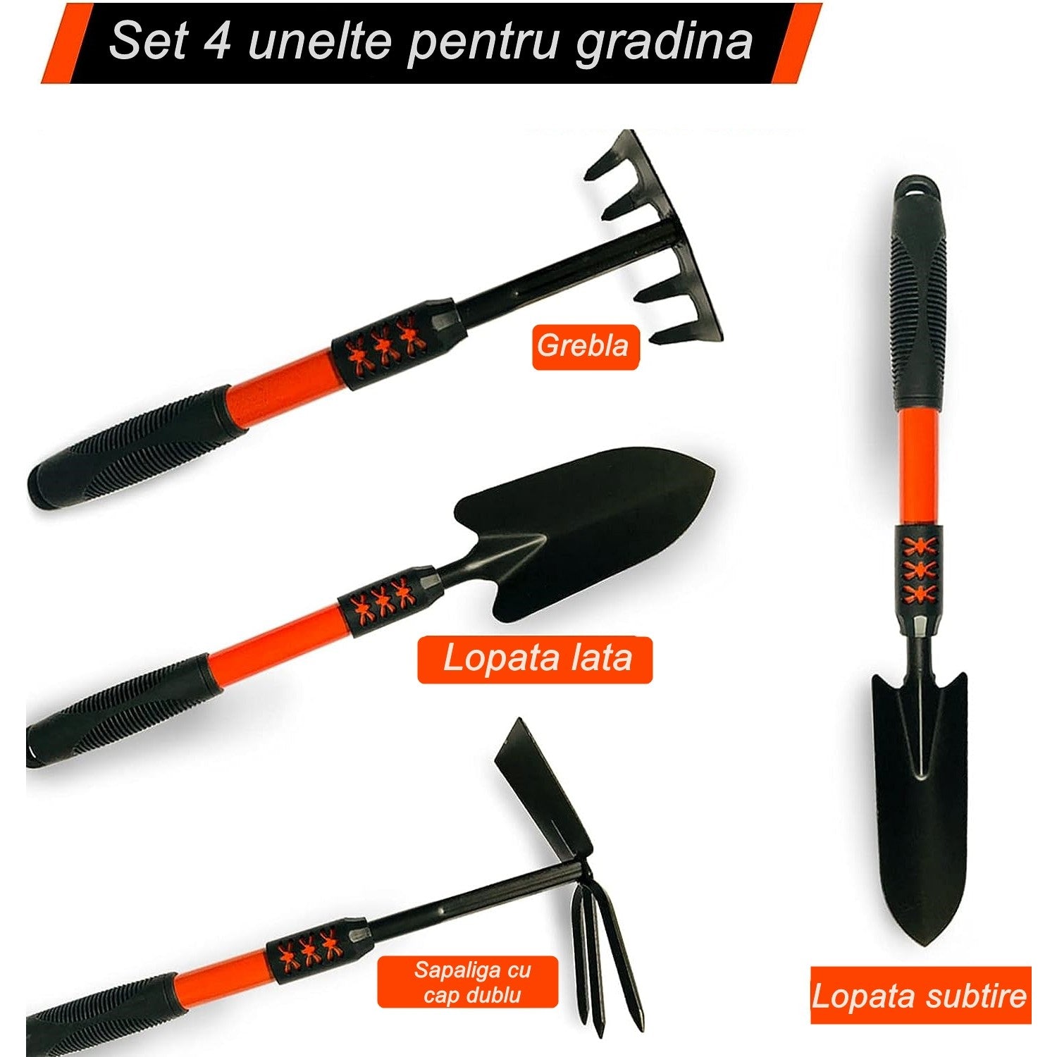 Set 4 Unelte de Gradina Flippy, Maner extensibil, pentru Plantare Prelucrare Sol si Ingrijire Plante, Material otel