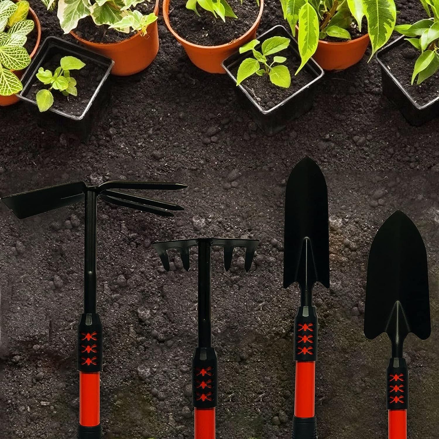 Set 4 Unelte de Gradina Flippy, Maner extensibil, pentru Plantare Prelucrare Sol si Ingrijire Plante, Material otel