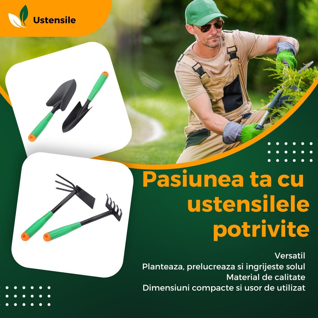 Set 4 Unelte de Gradina Flippy, pentru Plantare Prelucrare Sol si Ingrijire Plante, Material PVC si cardboard, 31.5 x
