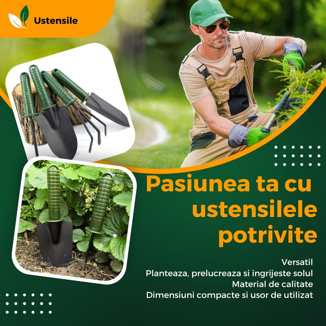 Set 4 Unelte de Gradina Flippy, pentru Plantare Prelucrare Sol si Ingrijire Plante, Material PVC si cardboard, 25 x 8.5
