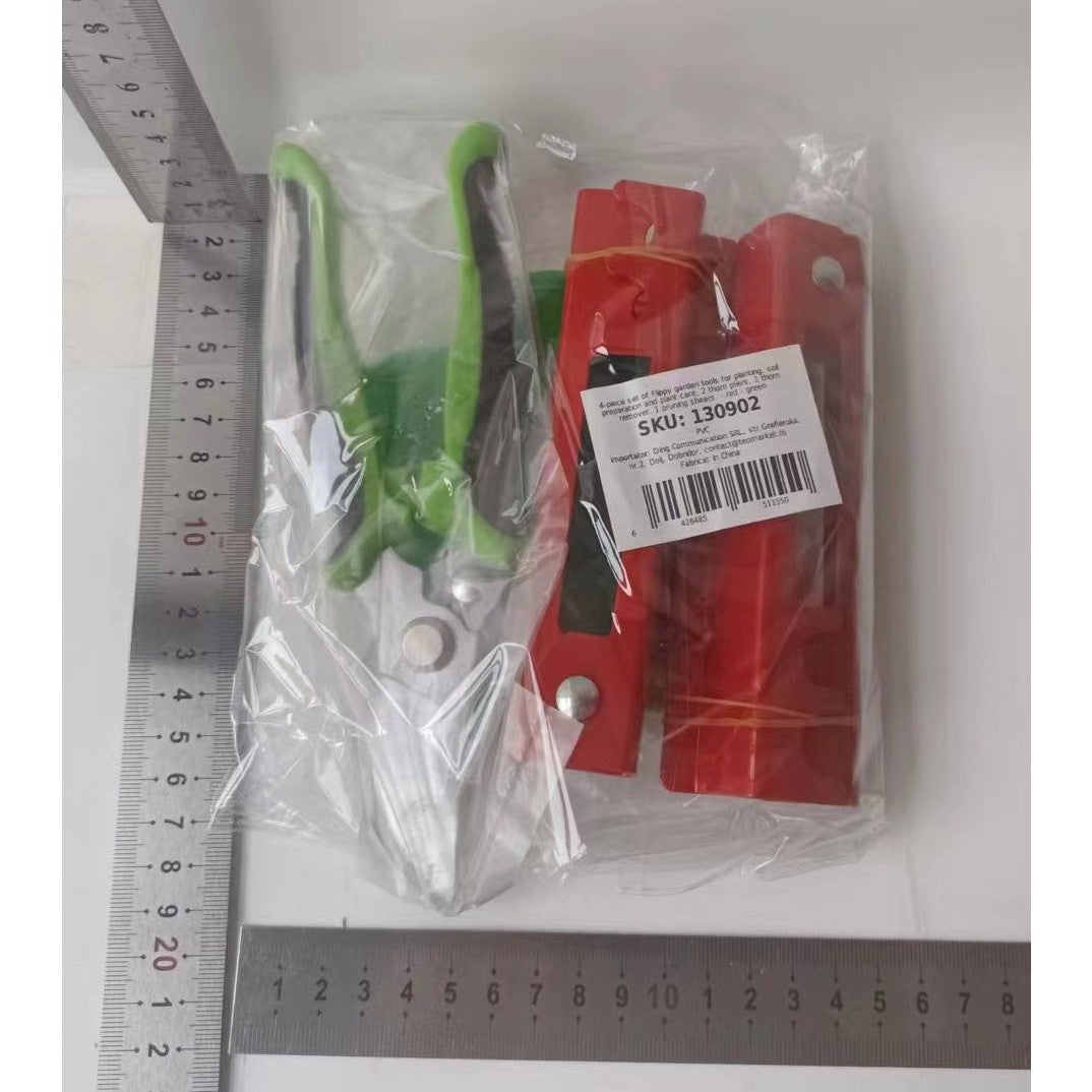 Set 4 Unelte de Gradinarit, Flippy, pentru Indepartare Spini Trandafiri si Taiere, din PVC/Otel Carbon, Rosu/Verde
