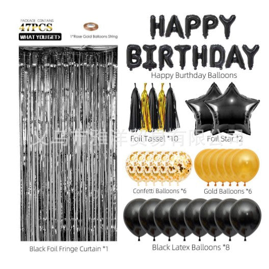 Set 47 baloane, 10 ciucuri, 2 baloane stea folie, 6 baloane latex confetti, 6 baloane galbene latex, 8 baloane negre