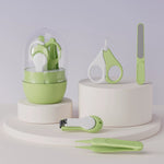 Set 4in1 de Ingrijire Unghii pentru Bebelusi, Flippy, Cutie de Depozitare Tip Borcan, 0-6 Ani, 10 x 7 x 6 cm, Verde