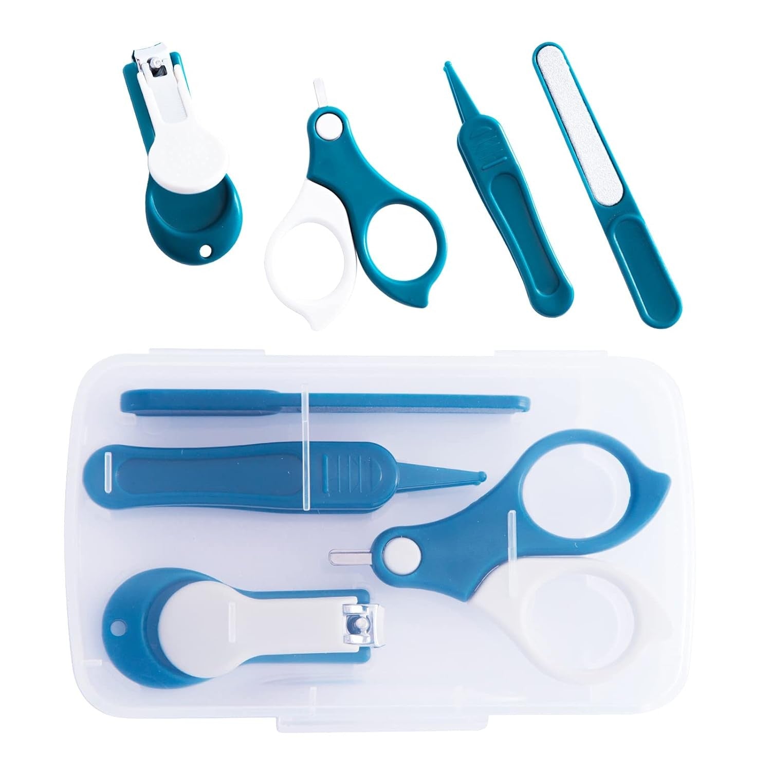 Set 4in1 de Ingrijire Unghii pentru Bebelusi, Flippy, Cutie de Depozitare Transparenta, 0-6 Ani, 13.6x8x2 cm, Albastru