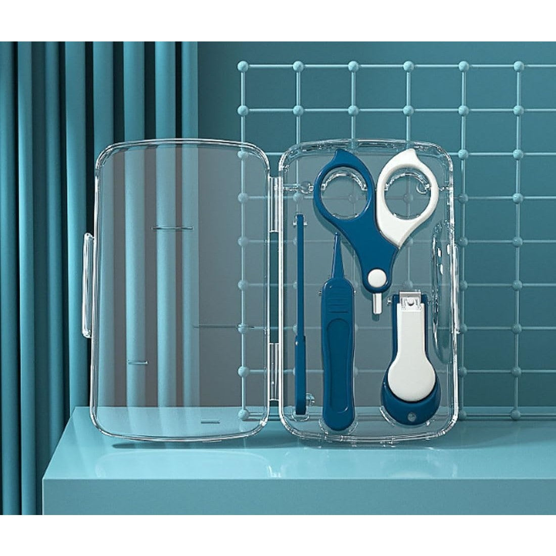 Set 4in1 de Ingrijire Unghii pentru Bebelusi, Flippy, Cutie de Depozitare Transparenta, 0-6 Ani, 13.6x8x2 cm, Albastru