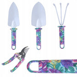 Set 5 accesorii pentru gradinarit Flippy, geanta depozitare inclusa, otel inoxidabil, 38 x 29 cm, mov