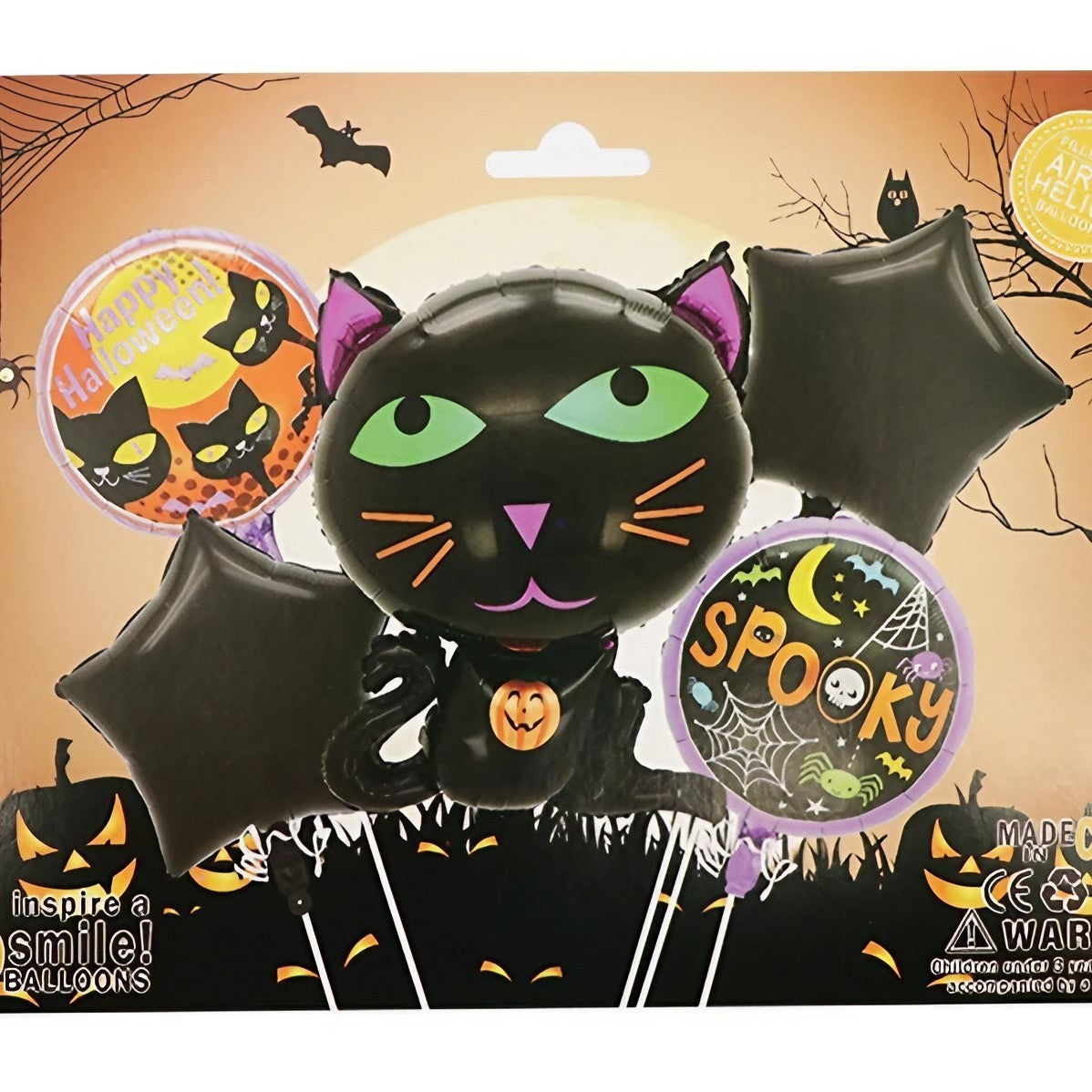 Set 5 Baloane din Folie Metalizata, Flippy, Figurine, Tema Halloween, Pai Inclus, Ambalaj Individual, Umflare cu Aer