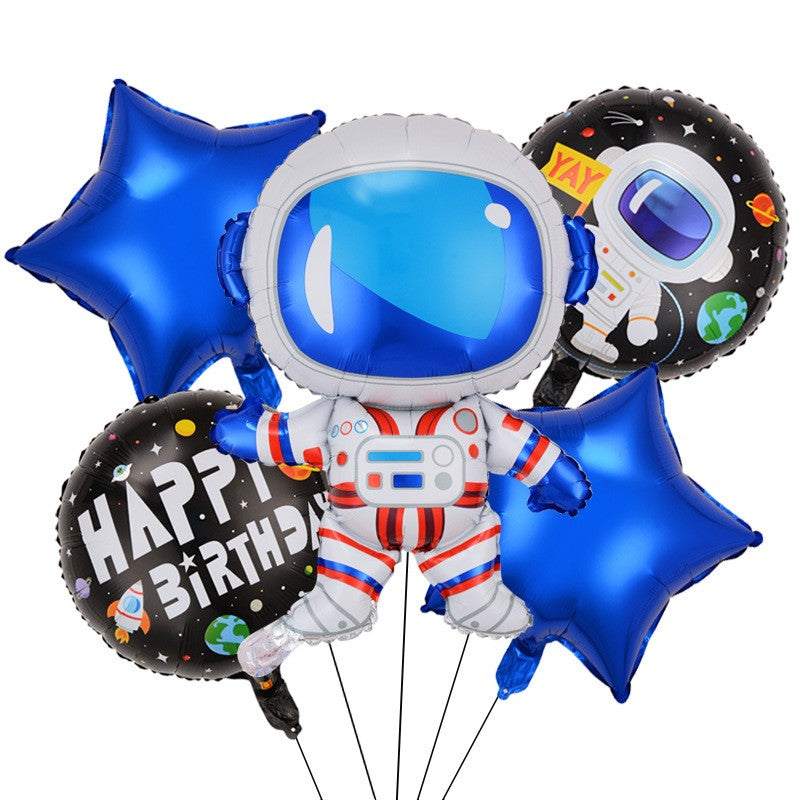 Set 5 baloane din folie metalizata HAPPY BIRTHDAY, Flippy, Figurina Model Astronaut, Stelute Albastre, Adeziv si pai