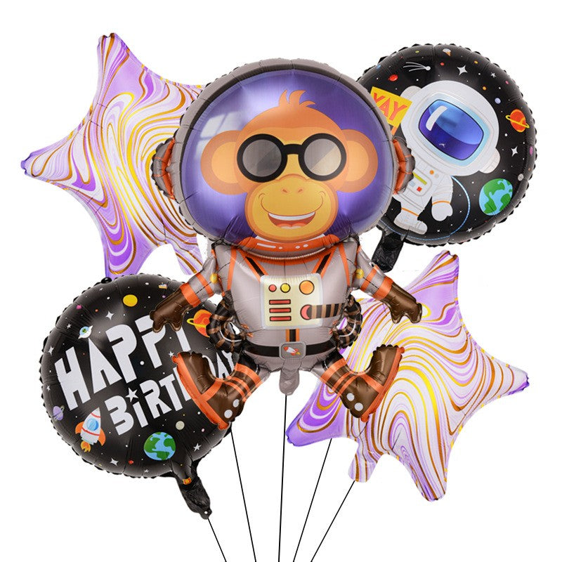 Baloane Model Maimutica Spatiala, Flippy, Set din 5 baloane, 1 Maimutica Astronaut, 2 Stele, 2 Rotunde, din folie de