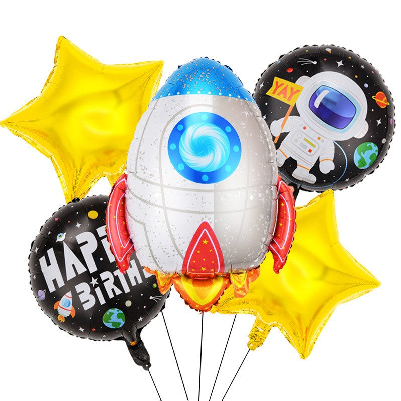 Set 5 baloane din folie metalizata HAPPY BIRTHDAY, Flippy, Figurina Model Racheta, Stelute Galbene, Adeziv si pai