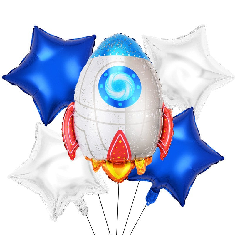 Set 5 baloane din folie metalizata HAPPY BIRTHDAY, Flippy, Figurina Model Racheta, Stelute Albastre, Adeziv si pai