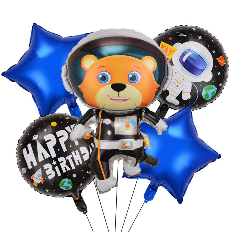 Set 5 baloane din folie metalizata HAPPY BIRTHDAY, Flippy, Figurina Model Ursuletul Spatial, Stelute Albastre, Adeziv