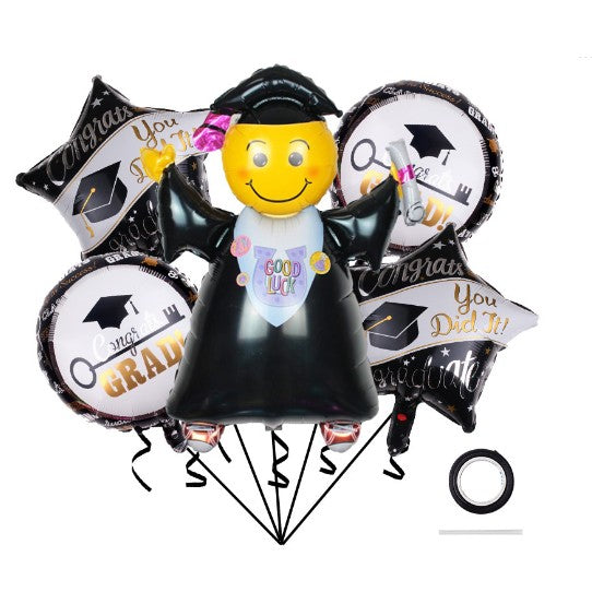 Baloane cu tematica Absolvire, Flippy, set din 5 baloane, 1 Figurina Absolventa, 2 stele, 2 rotunde, din folie de