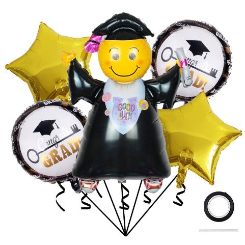 Baloane cu tematica Absolvire, Flippy, set din 5 baloane, 1 Figurina Absolventa, 2 stele, 2 rotunde, din folie de