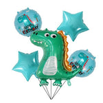 Set 5 Baloane folie de aluminiu, Flippy, Figurina Dinozaur, pentru aniversare HAPYY BIRTHDAY, Stelute Albastre si