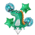 Set 5 Baloane folie de aluminiu, Flippy, Figurina Dinozaur, pentru aniversare HAPYY BIRTHDAY, Stelute Verzi si Baloane