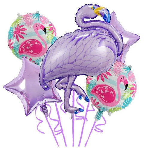 Baloane aniversare Flamingo Party, Flippy, din Folie de aluminiu si Latex, set din 5 baloane, 1 Flamingo, 2 Stele, 2