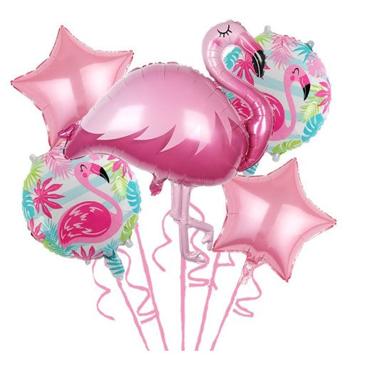 Baloane aniversare Flamingo Party, Flippy, din Folie de aluminiu si Latex, set din 5 baloane, 1 Flamingo, 2 Stele, 2
