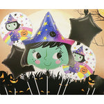 Baloane Halloween, Flippy, set din 5 Baloane, 1 Little Witch Halloween, 2 stele negre, 2 baloane rotunde multicolore,