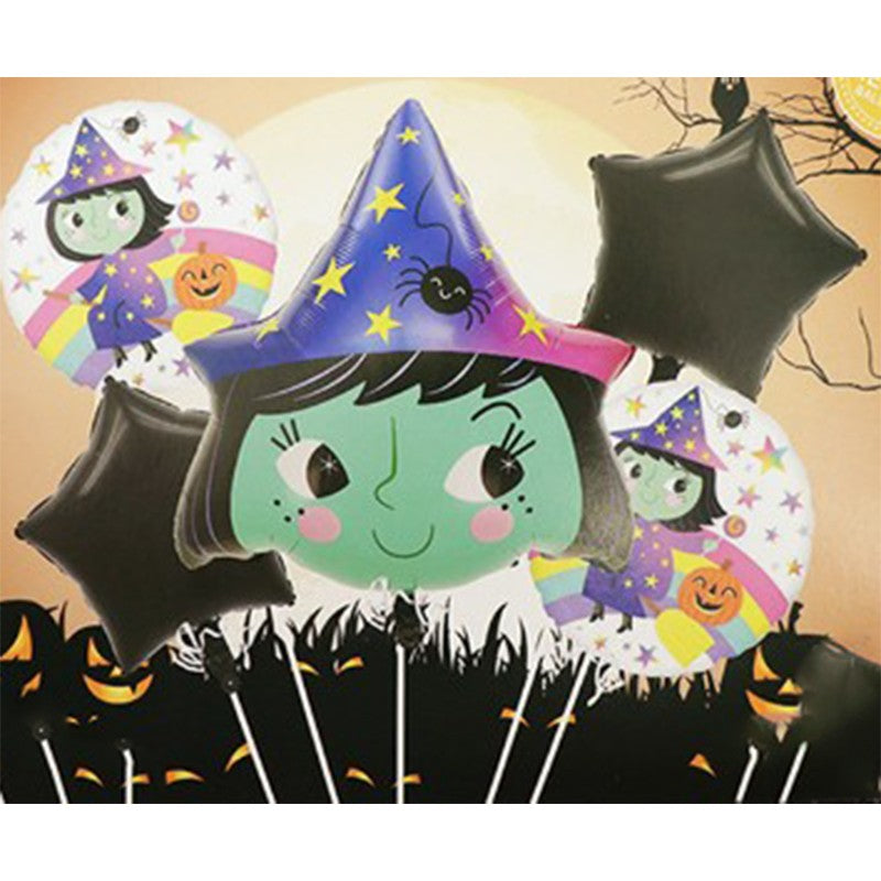 Baloane Halloween, Flippy, set din 5 Baloane, 1 Little Witch Halloween, 2 stele negre, 2 baloane rotunde multicolore,