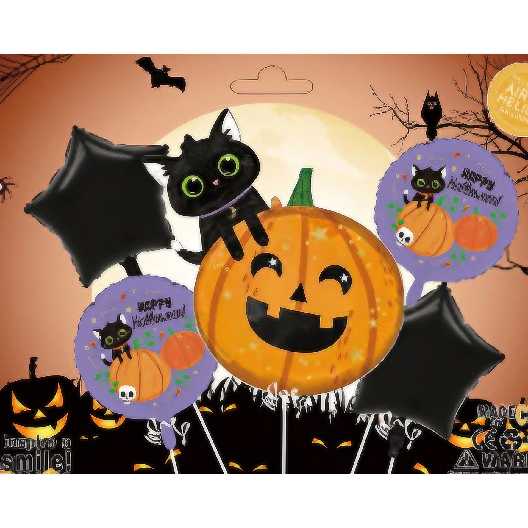 Set 5 Baloane din Folie Metalizata, Flippy, Figurine, Tema Halloween, Pai Inclus, Ambalaj Individual, Umflare cu Aer