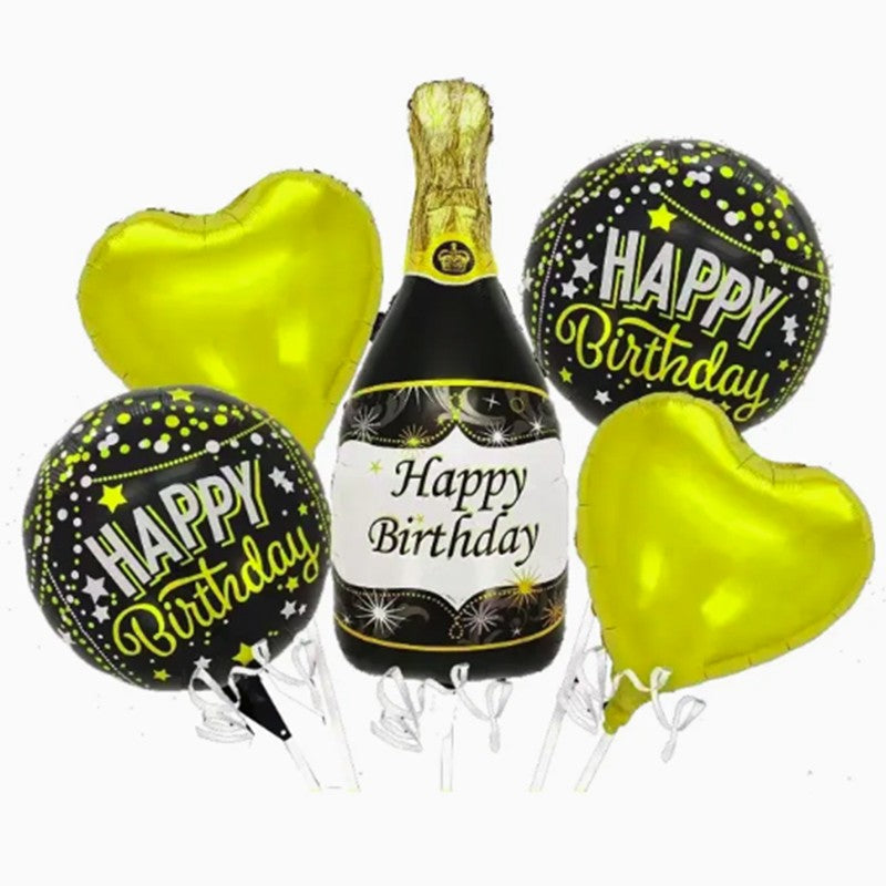 Baloane pentru aniversare, Flippy, tematica Happy Birthday, set 5 baloane, 1 Sticla Sampanie 103 x 94 cm, 2 inimi, 2