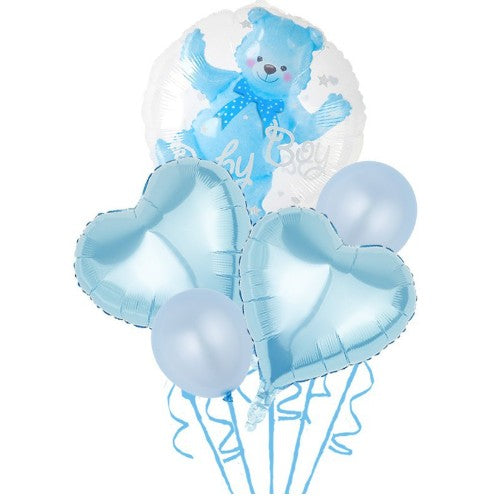Set Baloane Aniversare, Flippy, set din 5 bucati, 1 bucata urs, 2 inimi folie, 2 simple din latex Baby Boy, 60 cm