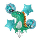 Set 5 Baloane folie de aluminiu, Flippy, Figurina Dinozaur, pentru aniversare HAPYY BIRTHDAY, Stelute Albastre si