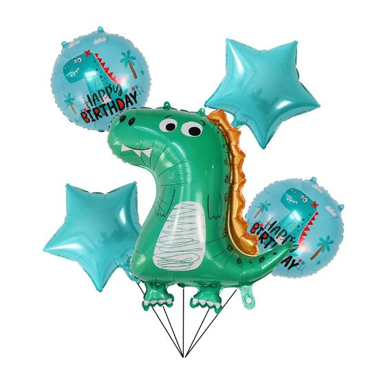 Set 5 Baloane folie de aluminiu, Flippy, Figurina Dinozaur, pentru aniversare HAPYY BIRTHDAY, Stelute Albastre si