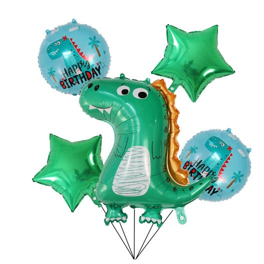 Set 5 Baloane folie de aluminiu, Flippy, Figurina Dinozaur, pentru aniversare HAPYY BIRTHDAY, Stelute Verzi si Baloane