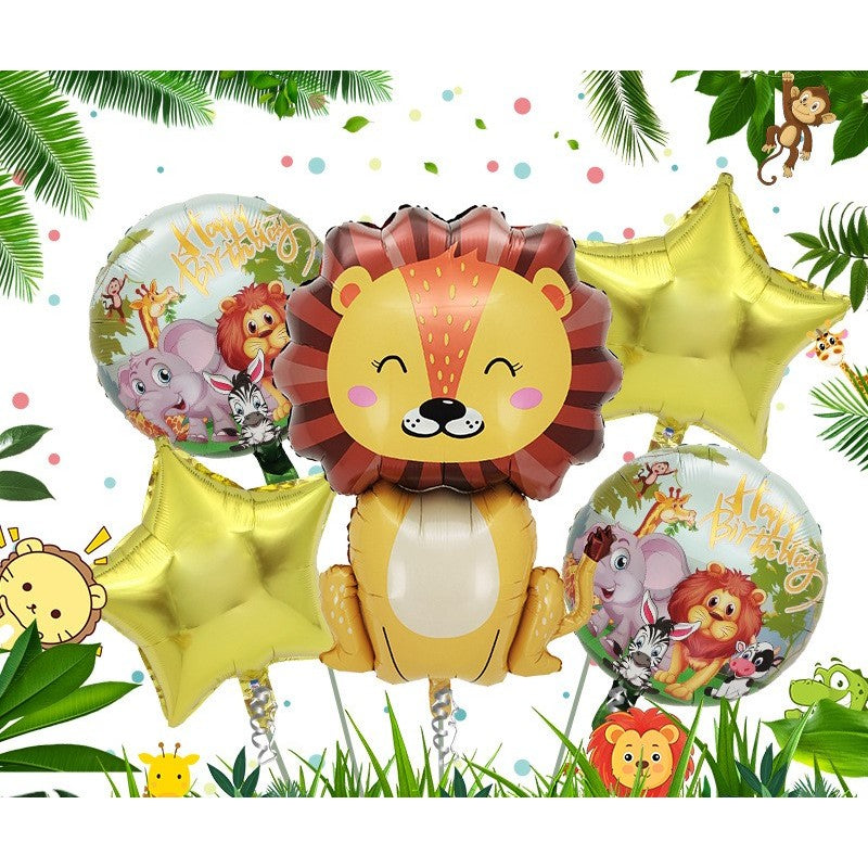 Set 5 Baloane din Folie Metalizata, Flippy, Figurine, Tema Aniversare Jungla, Pai Inclus, Ambalaj Individual, Umflare