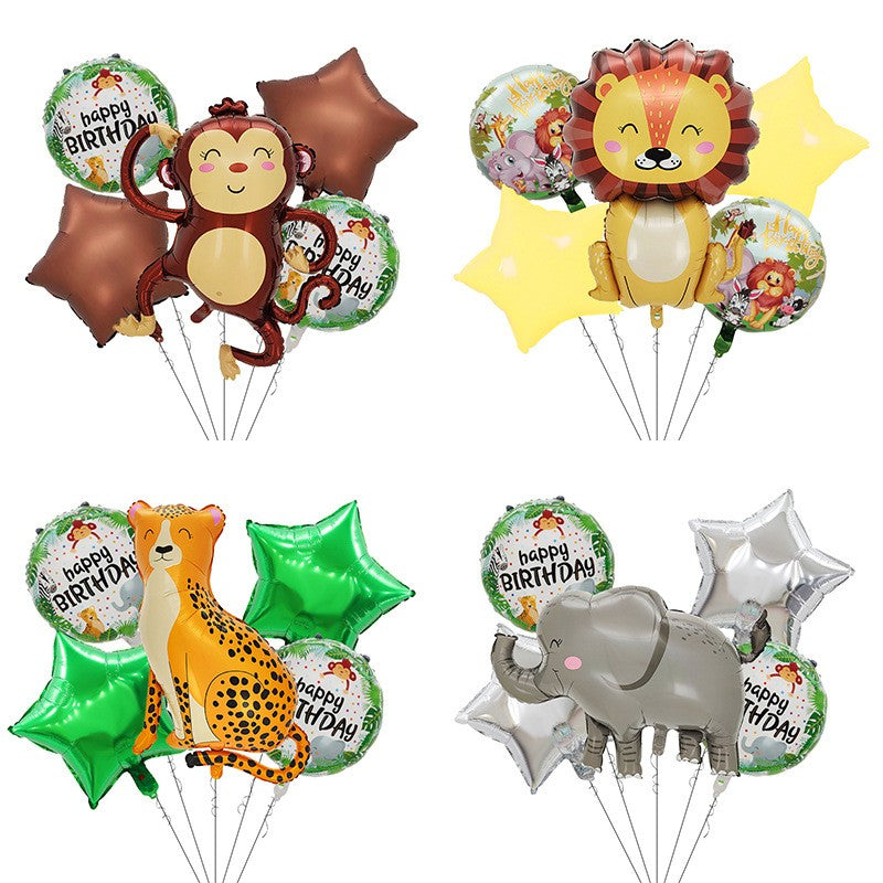 Set 5 Baloane din Folie Metalizata, Flippy, Figurine, Tema Aniversare Jungla, Pai Inclus, Ambalaj Individual, Umflare