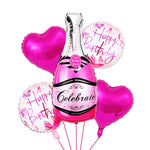 Set 5 Baloane din Folie Metalizata, Flippy, Figurine Sticla de Sampanie, Model Inimi, Tema Aniversare, Pai Inclus,