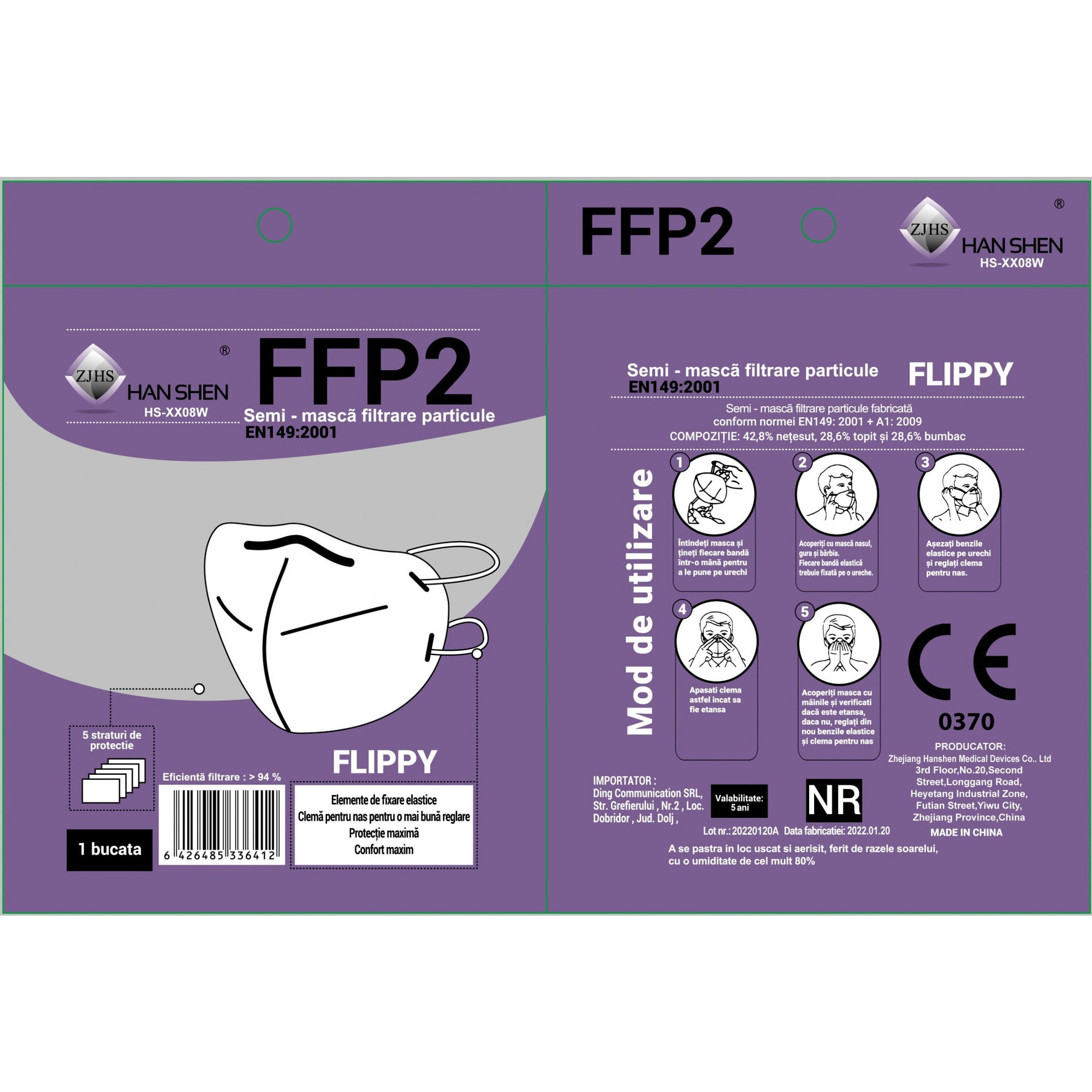 Set 5 bucati Masca de protectie faciala, Flippy®️, de unica folosinta, FFP2 CE 2163, 5 straturi, nesterila, ambalaj