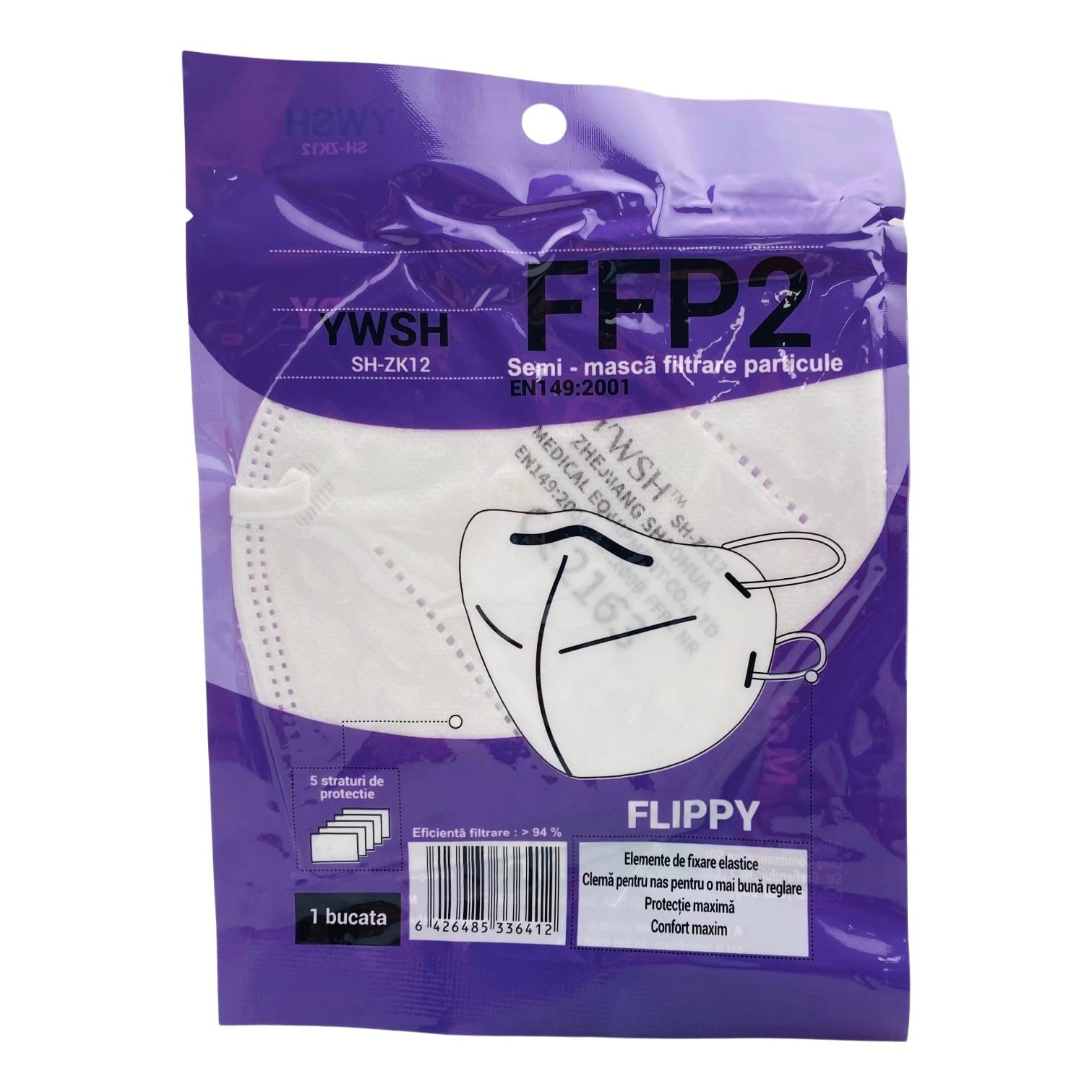 Set 5 bucati Masca de protectie faciala, Flippy®️, de unica folosinta, FFP2 CE 2163, 5 straturi, nesterila, ambalaj