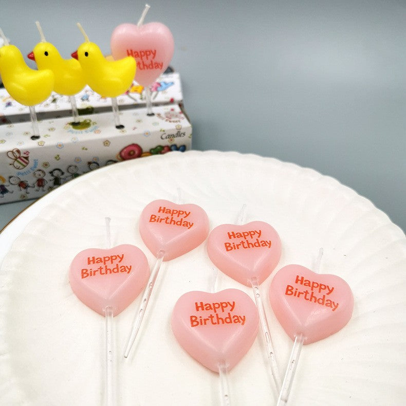 Set 5 Lumanari de Tort, Flippy, Model Inima, Text Happy Birthday, 2.5 x 2.5 cm, din Ceara, Multicolor