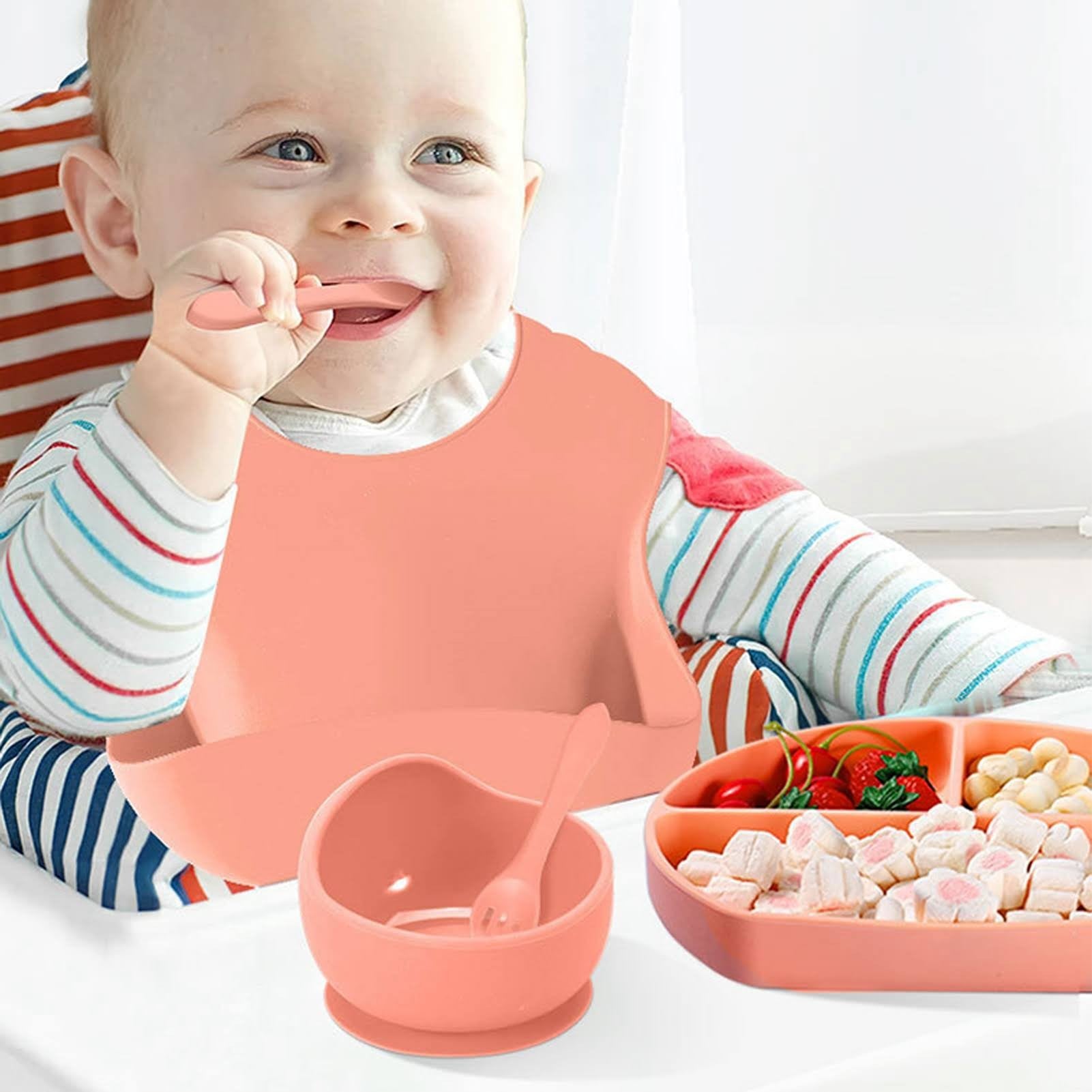 Set 5 piese diversificare bebelusi si copii din silicon Flippy, baveta, farfurie compartimentata cu ventuza, bol cu