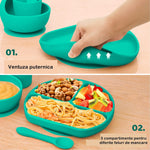Set 5 piese diversificare bebelusi si copii din silicon Flippy, baveta, farfurie compartimentata cu ventuza, bol cu