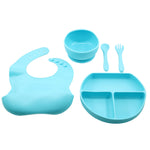 Set 5 piese diversificare bebelusi si copii din silicon Flippy, baveta, farfurie compartimentata cu ventuza, bol cu