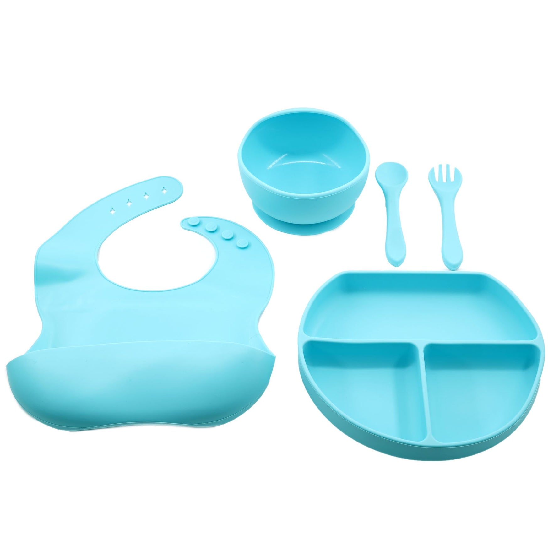 Set 5 piese diversificare bebelusi si copii din silicon Flippy, baveta, farfurie compartimentata cu ventuza, bol cu