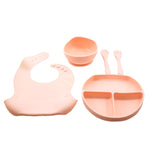 Set 5 piese diversificare bebelusi si copii din silicon Flippy, baveta, farfurie compartimentata cu ventuza, bol cu