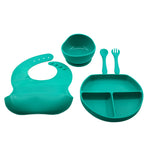 Set 5 piese diversificare bebelusi si copii din silicon Flippy, baveta, farfurie compartimentata cu ventuza, bol cu