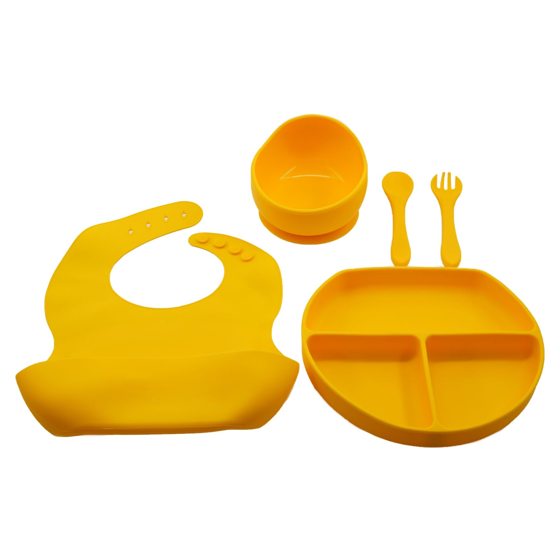 Set 5 piese diversificare bebelusi si copii din silicon Flippy, baveta, farfurie compartimentata cu ventuza, bol cu