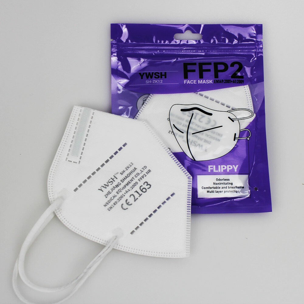 Set 50 bucati Masca de protectie faciala, Flippy®️, de unica folosinta, FFP2 CE 2163, 5 straturi, nesterila, ambalaj