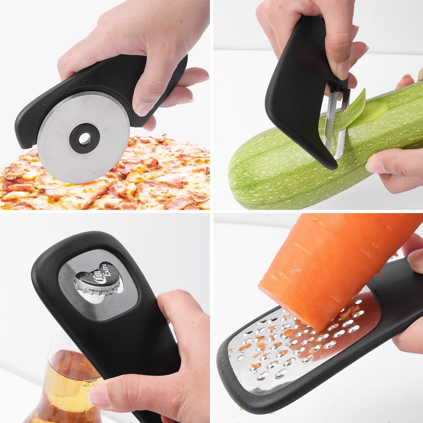 Set 6 in 1 mini ustensile bucatarie Flippy, taietor pizza, cutit, curatator, razatoare, desfacator, presa usturoi,