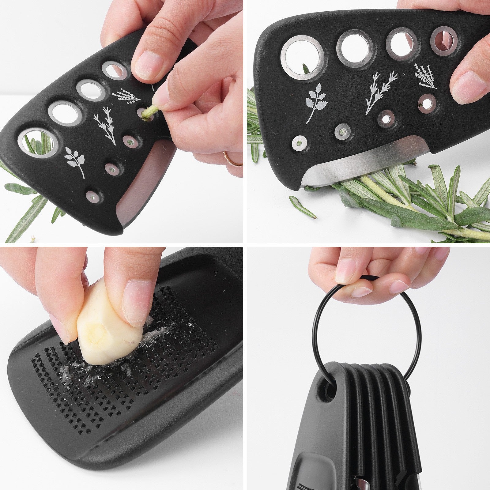 Set 6 in 1 mini ustensile bucatarie Flippy, taietor pizza, cutit, curatator, razatoare, desfacator, presa usturoi,